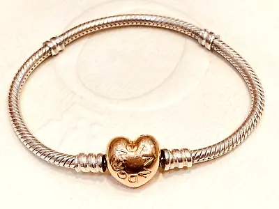 Authentic Pandora Rose Gold Moments Heart Clasp Logo 16cm Silver Bracelet 568707 • $95