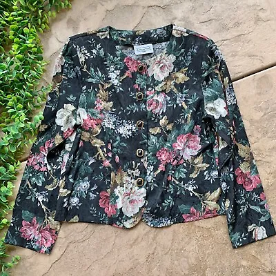 Vtg Brittany Nicole Floral Buttoned Collarless Blazer Jacket Green Pink Sz Small • $17.99