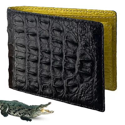 Black Yellow Crocodile Bifold Wallet Sturdy Holder Anti Scan Xmas Handmade Gifts • $85