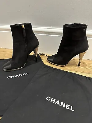 Authentic CHANEL Booties Black Ankle Boots Designer Heels Size Eur 36.5 / UK 3.5 • £218