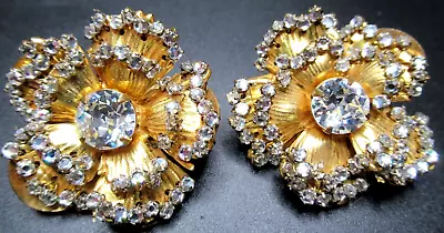 MIRIAM HASKELL Sparkling Ice Rhinestone Flower Vintage Clip Earrings • $149.99