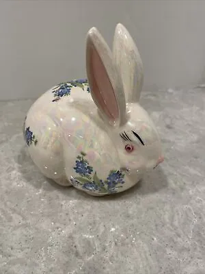 Vintage Bunny Rabbit Cotton Ball Holder Dispenser Floral  Ceramic Iridescent • $19.99