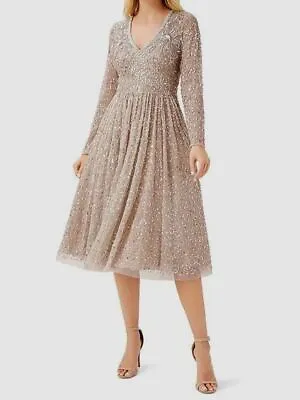 $495 Aidan Mattox Women's Beige Beaded V-Neck Long Sleeve A-Line Midi Dress Sz 6 • $158.78