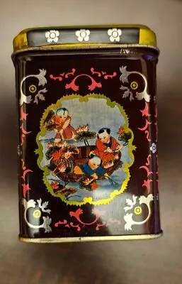 Vintage Japanese Tea Tin Chinoiserie Decor Cookie Small Metal Box Maroon • $16.95