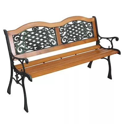 49  Garden Bench Outdoor Patio Park Chair Furniture Hardwood Slats Cast Iron • $104.85