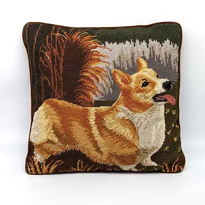 Pembroke Welsh Corgi Dog Needlepoint Throw Pillow 14  Square Green Brown VTG EUC • $59.95