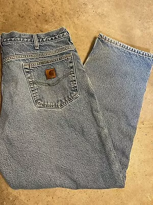Vintage Carhartt Jeans Men 38x30 Black  Fleece Lined Relaxed Fit Light Wash • $18.95