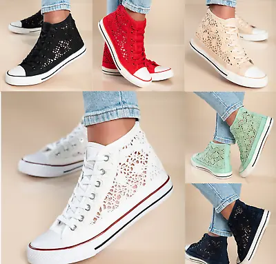 Womans Ladies Trainers High Top Canvas Sneakers Pumps Lace Up Plimsoll • £14.50