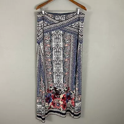 ECI New York Long Maxi Skirt XL Stretch Knit Pull On Paisley Floral Blue Modest • $19.90