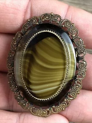 Vintage West Germany Amber Porphyry Slag Glass Brooch Pin • $19.99