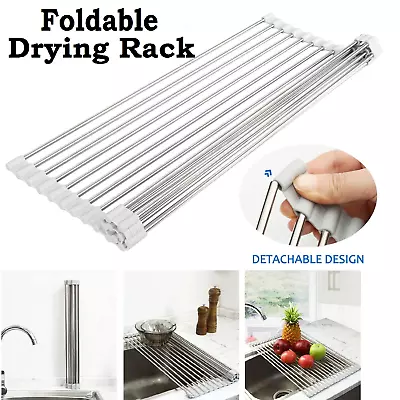 Dish Rack Drying Drainer Over Sink Stainless Steel Rack Roll Up Foldable Kitchen • $27.49