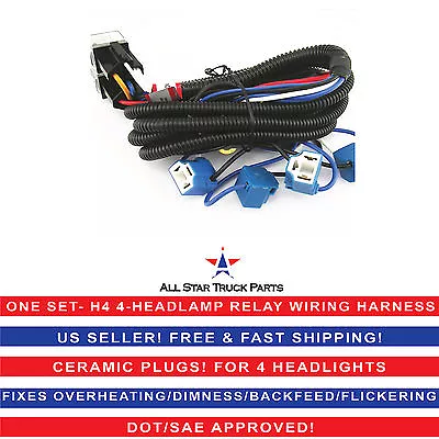 CERAMIC H4 HEADLIGHT RELAY WIRING HARNESS 4 HEADLAMP LIGHT BULB SOCKET PLUGS 4x6 • $19.95