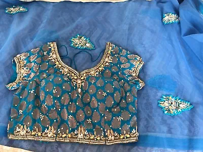 Designer Light Blue Net Saree Indian Wedding Wear Designer Blouse Velvet Border  • £22.99