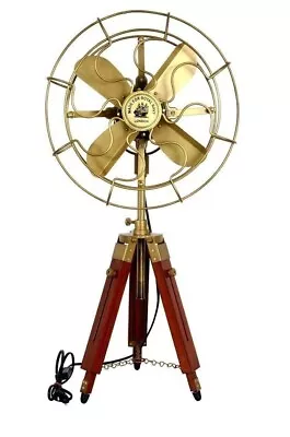 Antique Brass Electric Pedestal Fan With Wooden Tripod Stand Vintage Designer • $218