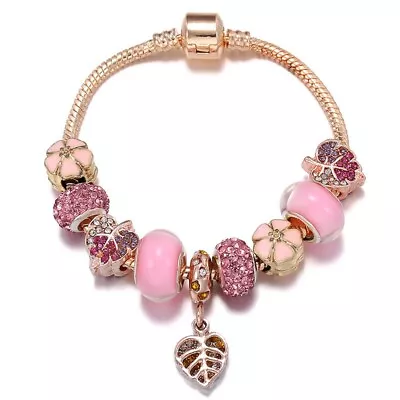 $168 • Buy  Rose Plated Bracelet Pink Leaf And Classic Crystal 9 Quality Charms Set