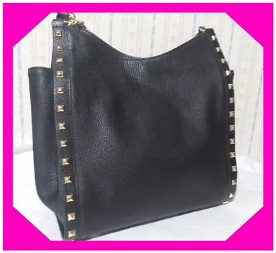 MICHAEL KORS STUDDED Gold BLACK Pebble Leather HOBO Bag Tote Preloved $458 • $119.99