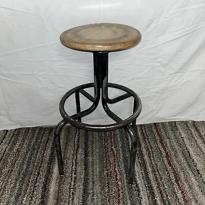 Vtg Industrial Postal/ Drafting Stool W/ Swivel Wood Seat • $60