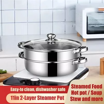 2-Layer Stainless Steel Cooking Wok Soup Stew Pot Steamer With Lid Glass Cover • $12.95
