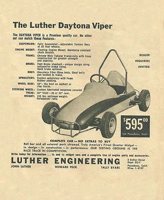 Vintage And Rare 1959 Luther Daytona Viper Quarter 1/4 Midget Ad • $16.99