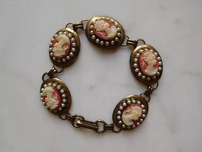 Vintage Five Cameo Seed Pearl Bracelet Bronze Tone Costume 7 1/4  • $55