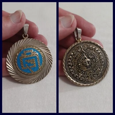 $29.99 • Buy Large 1 7/8  Inch Double-Sided Sterling Silver & Enamel AZTEC CALENDAR Pendant