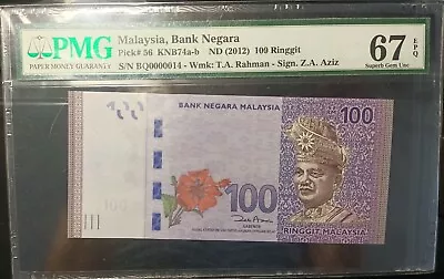 Malaysia Banknote Rm100 Pmg67epq Low Number Bq0000014 Zeti Gabenor • $118