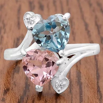 Treated Pink Morganite And Aquamarine 925 Silver Rings Jewelry S.8 DGR1071_K • $6.49