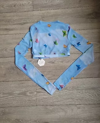 OW Mesh Wrap Over Back Crop Top In Butterfly Print Blue Long Sleeve Size Small • £4.99