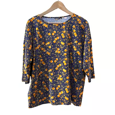 Marimekko 3/4 Sleeve Blouse Top Shirt Navy/Orange Floral Print Women's Small • $34.95