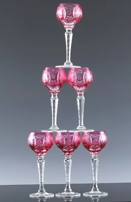 Lovely Set Of 6 Vintage Bohemian Cranberry Cut To Clear Cordial Liqueur Glasses • $12.50