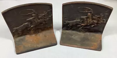 Pair Vintage Bronze Bookends Cowboys Roping Cattle Western • $50