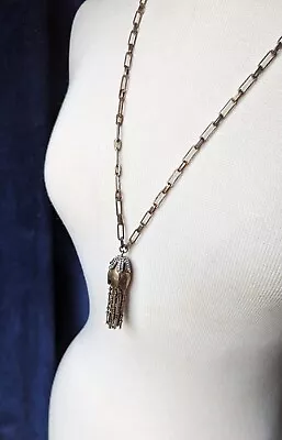 J CREW Long 32  Open Link Antique Gold Tone Rhinestone Tassel Pendant Necklace • $12