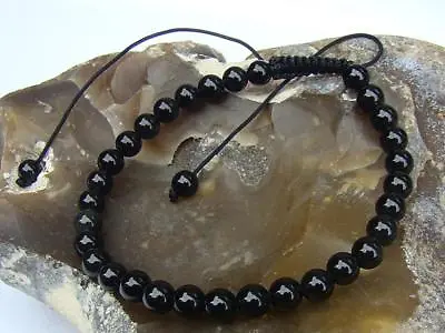 Men's BLACK Macrame Beaded Bracelet NATURAL Gemstone OBSIDIAN Beads Gift 6mm • $2.99