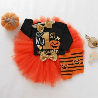 Newborn Baby Girl Kids 1st Halloween Pumpkin Tulle Tutu Dress Costume Outfit Set • £7.24