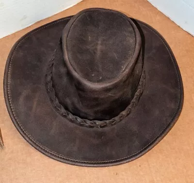 MINNETONKA  The Fold Up Genuine Black Leather Hat Sz M Outback Aussie Western  • $59.11