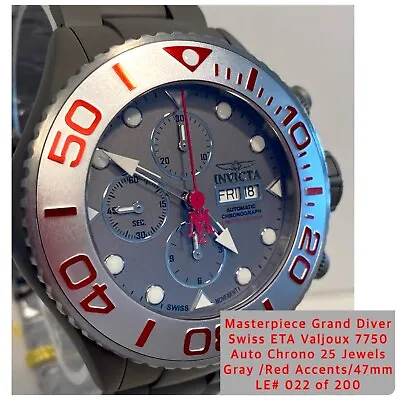 Gray/Red VALJOUX 7750 LE#022/200 52mm Bracelet MASTERPIECE Invicta Mens Watch • $1399