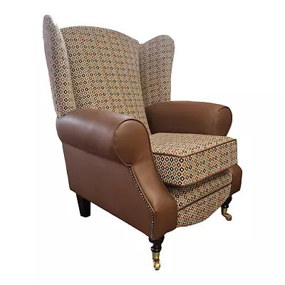 Wing Back Queen Anne Chair Brown Faux Leather With Multicoloured Pattern BARGAIN • £399