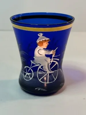 Vintage Hand Painted Child Bicycle Toothpick Holder Cobalt Blue Glass Winter • $19.99