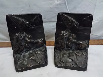 Pair Vintage Iwo Jima USMC Raising Flag Bookends Cast Metal WW2 Scene WWII • $99.99