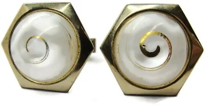 Vintage Cufflinks Center White W Gold Tone Swirl  Round Hexagon Gold Tone Shirt • $15.98