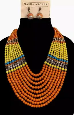 Masha Archer Nine Strand Orange And Yellow Necklace And Earrings • $925