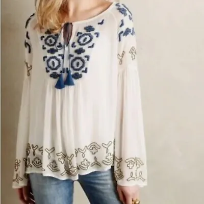 Anthropologie Vanessa Virginia Embroidered Peasant Blouse SZ 12 LARGE Boho • $69.99