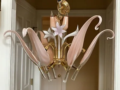 MURANO Palm Beach Italian Art Glass Nouveau Calla Lily Brass Chandelier 36” Wide • $2900