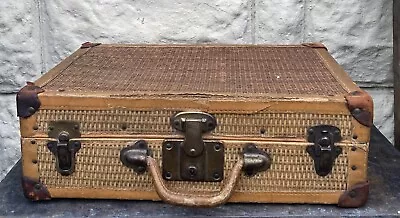 Antique Woven Wicker Suitcase Leather Corners Rose Fabric Lined Early 20th C. • $109.99