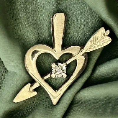 Diamond Set Heart & Cupid’s Arrow Pendant - 9ct Yellow Gold - 17x14mm • $94.48