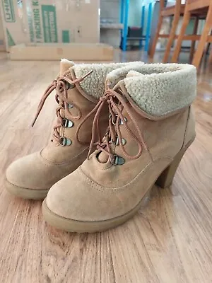 Mudd Women Fx Suede Sherpa Combat Aviator Ankle Boots Heels Tan Size 8.5   • $6.99