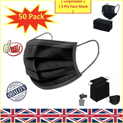 50 X 3 Ply Face Mask Black Non Medical Disposable Dust-proof Breathable Guard UK • £3.39