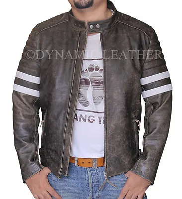 Vintage Fight Club Leather Motorcycle Biker Jackets With White Stripes • $154.99