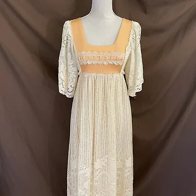 VINTAGE Joy Stevens CA Boho Maxi Dress Cream Crochet Lace Sz SMALL • $69.99