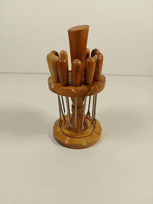 Vintage MCM Wooden Cocktail Olive Hors D'ouevres Forks Stand Rack Retro Barware • £11.99